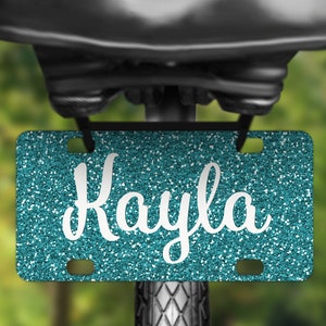 Glitter Design Bike Tag Mini License Plate (Not Real Glitter) - Personalized Speckled Decoration with Name - 20 Color Options