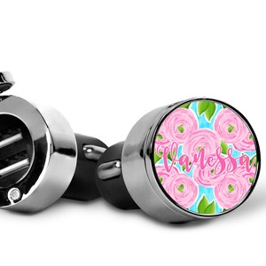 Preppy Collection Personalized Car Charger with 2 USB Ports - Travel Charger for Vehicle - Pink Flowers Design with Name