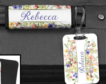 Beautiful Wildflowers Design Luggage Finder & Luggage Travel Tag Set - Watercolor Flowers - Double Sided Bag Tag, Handle Wrap