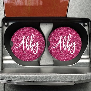 Personalized Glitter Sandstone Car Coasters (Set of 2) - 20 Color Options - Absorbant Coaster for Car Cup Holder Name (Not Real Glitter)