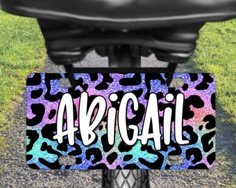 Rainbow Glitter Animal Print Design Bike Tag Mini License Plate (Not Real Glitter) - Personalized Decoration with Name - 12 Design Options