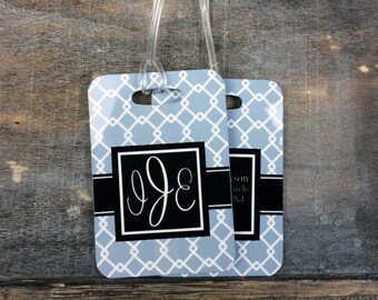 Set of 2 Custom Design Rectangle Luggage Tags (2 Sided) - Personalized w/ Pattern, Color, Frame & Monogram - Bag Tags, Address, Tag