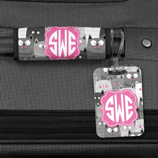 Cat Collage Luggage Finder & Luggage Tag Set - Choice of Frame, Color, Monogram - Double Sided Bag Tag, Neoprene Handle Wrap