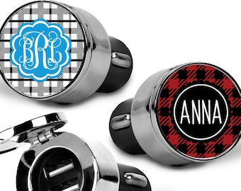 Buffalo Plaid Personalized Car Charger with 2 USB Ports - Travel Charger for Vehicle - Monogram Plug with Flip Top Cover