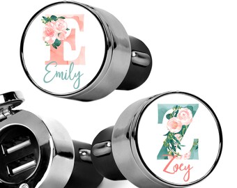 Watercolor Peony Monogram Car Charger with 2 USB Ports - Travel Charger for Vehicle with Personalized Flip Top Cover - Floral Flower