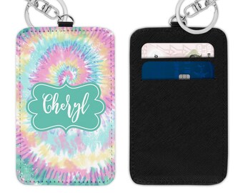 Tie Dye Design Vegan Leather Card Holder Key Ring - Personalized Monogram Gift, PolyLeather Card Case Key Chain