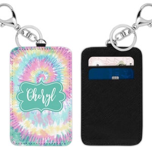 Tie Dye Design Vegan Leather Card Holder Key Ring - Personalized Monogram Gift, PolyLeather Card Case Key Chain