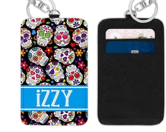 Sugar Skull Design Vegan Leather Card Holder Key Ring - Personalized Monogram Gift, PolyLeather Card Case Key Chain