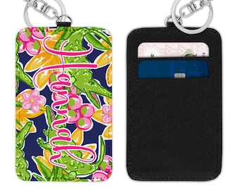 Preppy Collection Personalized Vegan Leather Card Holder Key Ring - PolyLeather Card Case - 40 Pattern Options - Luggage Tag