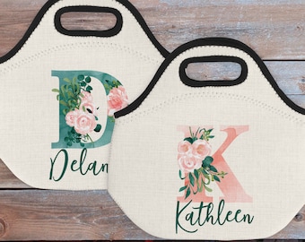 Peony Watercolor Flower Monogram Design Personalized Linen Lunch Tote - 3 Styles - Decorative Floral Reusable Lunch Bag