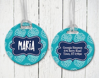Set of 2 Country Flower Design Personalized Round Luggage Tags (2 Sided) - Monogram Bag Tags, Address, Luggage Tag
