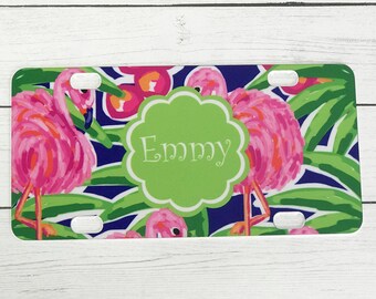 Preppy Collection Personalized Bike Tag Mini License Plate - 40 Pattern Options - Monogram Custom Design Tag for Bicycle - Flamingo Tropical