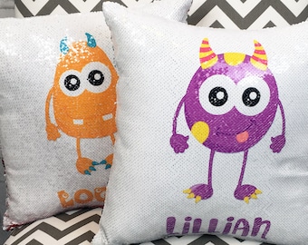 Cute Monster Design Flip Sequin Pillow - Personalized Name Decorative Throw Pillow with Flipping Reversible Sequins - Monsters, Alien