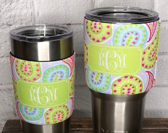 Preppy Collection Personalized Neoprene Sleeve for Reusable Tumbler 20oz or 30oz Size - Over 30 Pattern Options - Monogram Insulated Wrap
