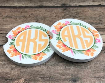 Vintage Floral Design Monogram Car Coasters (Set of 2) - Personalized Absorbant Sandstone Coaster for Car Cup Holder