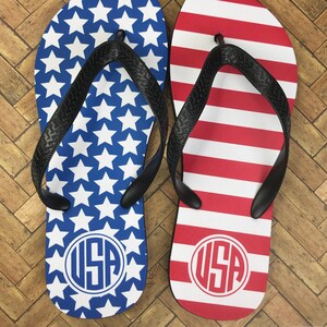 Red, White & Blue Monogram Flip Flops - Personalized Flip Flop Beach Sandals - Patriotic Stars amd Stripes 4th of July