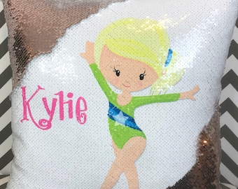 Gymnast Design Flip Sequin Pillow - Personalized Name Throw Pillow w Flipping Reversible Sequins - Design Your Own Gymnastics Tumbling