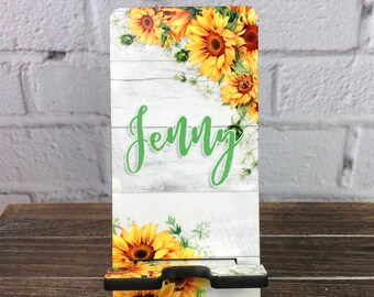 Sunflower Design Personalized Smart Phone Stand Device Holder Charging Station in 2 Sizes - Monogram or Name - Watercolor Flowers Wood