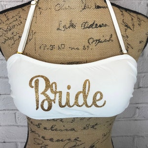 Bride Design Bandeau Swimsuit Top - Bikini, Bathing Suit, Strapless or Halter Top - Choice of Color & Font Style - Custom Order