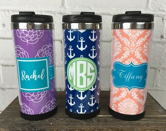Custom Design Stainless Steel Sleek Coffee Travel Mugs - Personalized w/ Pattern, Color, Frame & Monogram - Design Your Own Tumbler Gift