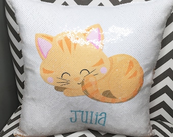 Kitty Cat Design Flip Sequin Pillow - Personalized Name Decorative Throw Pillow with Flipping Reversible Sequins - 8 Kitten Design Options