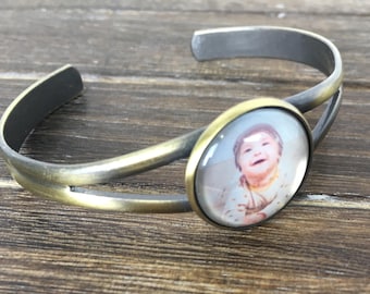 Custom Photo Cuff Bracelet in Shiny Silver or Antique Bronze - Photo Jewelry Gift