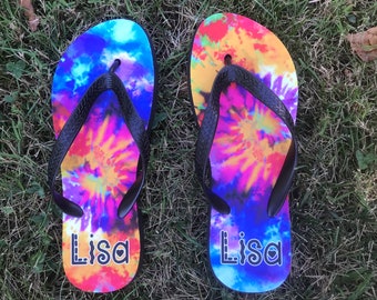 Mens Womens Colorful Neon Tie Dye Print Abstract Art Flip Flops Beach Flip Flops Casual Slippers Sandals