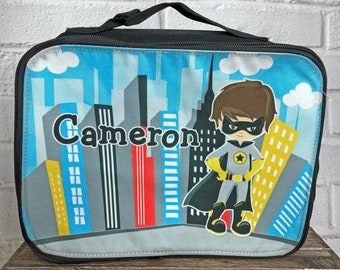 Superhero Boy Personalized Lunch Box - Custom Lunch Tote with Name - Choice of Background, Super Hero, Font Styles & Color
