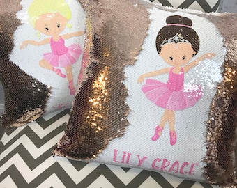 Ballerina Design Flip Sequin Pillow - Personalized Name Throw Pillow w Flipping Reversible Sequins - Design Your Own Ballet Dance