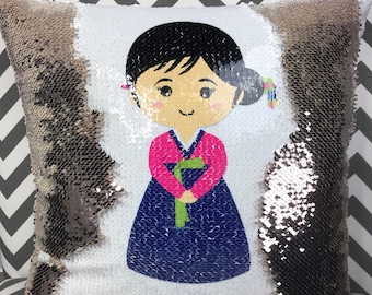 Korean Girl Design Flip Sequin Pillow - Personalized Name Throw Pillow w Flipping Reversible Sequins - Hanbok