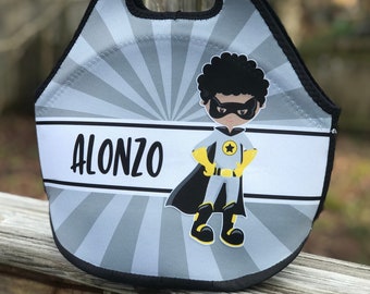 Superhero Boy Personalized Lunch Tote - Neoprene Custom Lunch Bag with Name - Choice of Background, Super Hero, Font Styles & Color