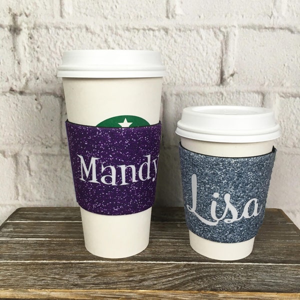 Personalized Glitter Design Reusable Coffee Cup Sleeve (Not Real Glitter) - 20 Colors Available - Neoprene Beverage Holder Wrap with Name