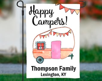 Happy Campers Personalized Vintage Watercolor Camper Design Garden Flag - 5 Color Options - Gift for Families who Like Camping