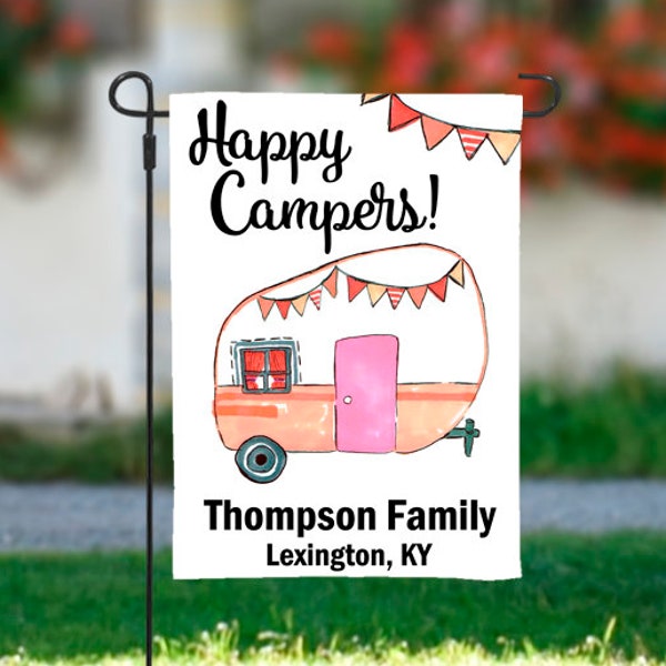 Happy Campers Personalized Vintage Watercolor Camper Design Garden Flag - 5 Color Options - Gift for Families who Like Camping