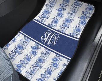 Vintage Blue Floral Design Monogram Car Mats for Front or Rear - Personalized Custom Carmat Car Mat - Vertical Flower Stripes Delft Blue