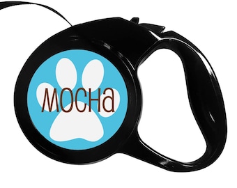 Paw Print & Name Personalized Retractable Pet Leash - Custom Design Choice of Color and Font Style - Dog Leash Gift