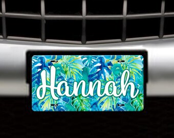 Blue & Green Monstera Leaf Design Personalized Car Tag License Plate - Custom Name Vanity Plate - Vehicle Car Decor - Tropical Jungle Island