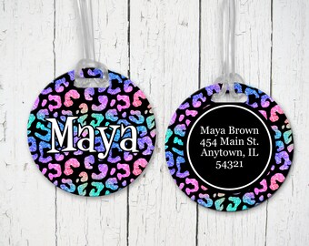 Set of 2 Rainbow Glitter Animal Print Design Personalized Round Luggage Tags (2 Sided) - 12 Pattern Options - ID Bag Tags, Address, Travel