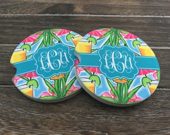 Tropical Drinks Pink Umbrellas Design Car Coasters (Set of 2) - Personalized Absorbant Sandstone Coaster for Car Cup Holder
