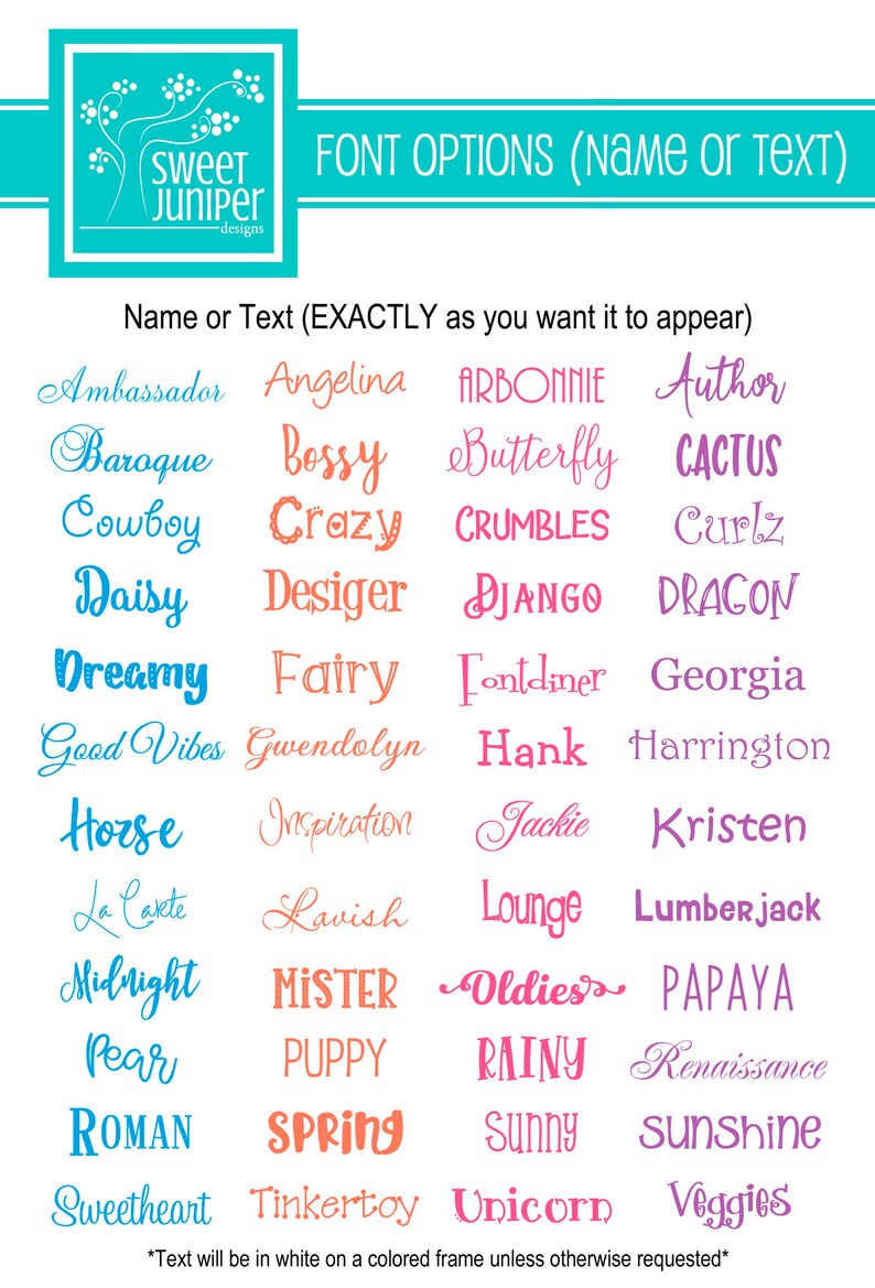 May include: A chart of font options for names or text. The fonts are displayed in a variety of colors, including pink, blue, orange, and purple. The text at the top of the chart reads "FONT OPTIONS (name or text)".