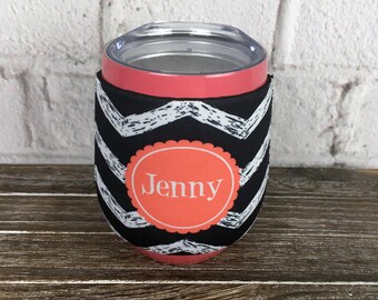 9oz Stemless Wine Cup with Lid & Optional Personalized Neoprene Wrap - Stainless Steel Insulated Travel Cup