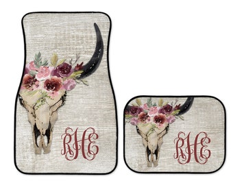 Cow Skull & Flowers Design Monogram Car Mats for Front or Rear - Personalized Carmat Car Mat - Watercolor Burgundy Colors