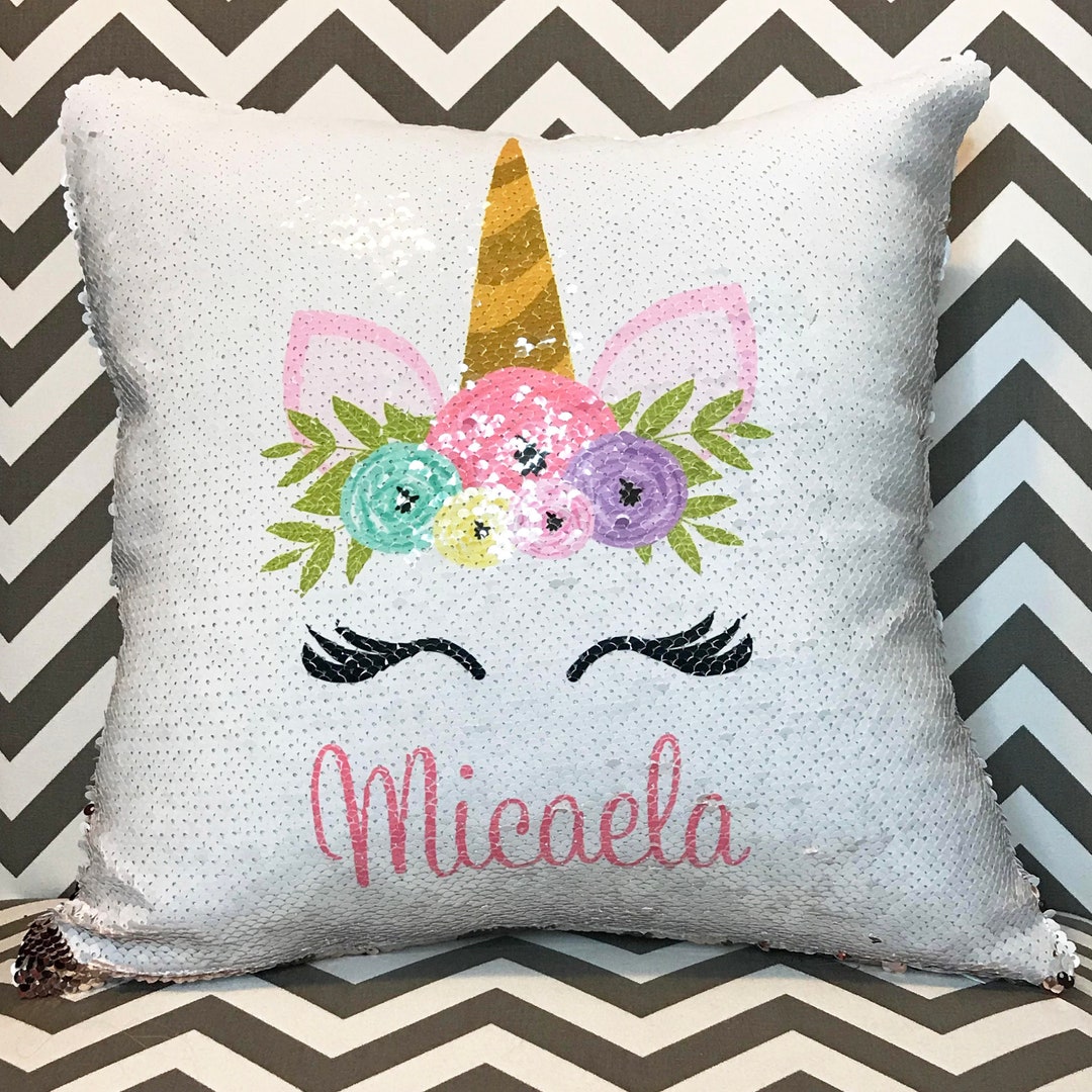 Happy Camper Sequin Name Pillow Happy Camper Custom Unicorn Sequin