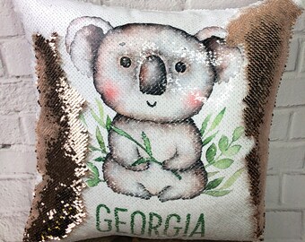 Cute Koala with Leaves Design Flip Sequin Pillow - Personalized Name Decorative Throw Pillow with Flipping Reversible Sequins