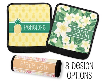 Tropical Pattern Luggage Finder Handle Wrap - Bag Tag, Personalized - 8 Design Options - Beach Vacation Island Hibiscus Pineapple Plumeria