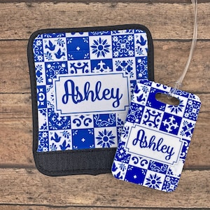 Blue & White Mexican Tile Design Luggage Finder Luggage Travel Tag Set - Frame, Color, Monogram - Double Sided Bag Tag, Handle Wrap