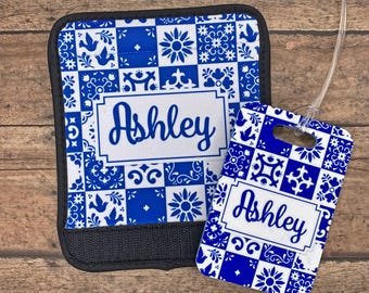 Blue & White Mexican Tile Design Luggage Finder Luggage Travel Tag Set - Frame, Color, Monogram - Double Sided Bag Tag, Handle Wrap