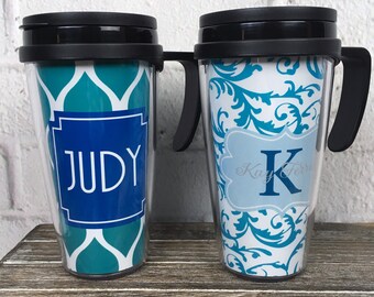 Personalized Travel Mug with Handle Coffee Tumbler - Choice of Pattern, Color, Monogram & More - Teacher Gift Beverage Container