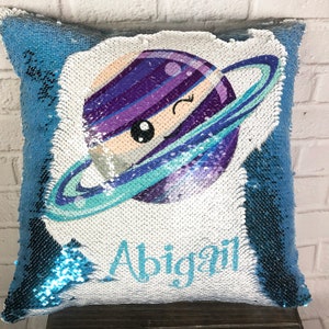 Outer Space Design Flip Sequin Pillow - Personalized Name Decorative Throw Pillow with Flipping Reversible Sequins - Solar System Planets