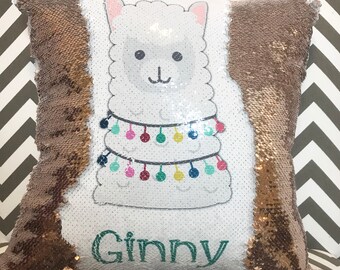 Llama Design Flip Sequin Pillow - Personalized Name Throw Pillow w Flipping Reversible Sequins - Design Your Own Llamas Flowers Bow